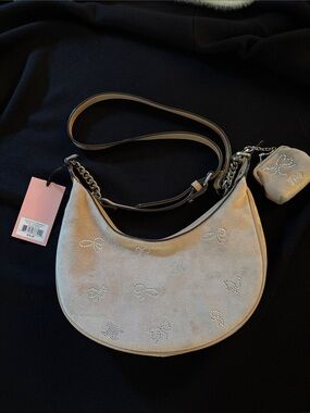 Juicy Couture Beige Suede Shoulder Bag with Crystal Bow Motif